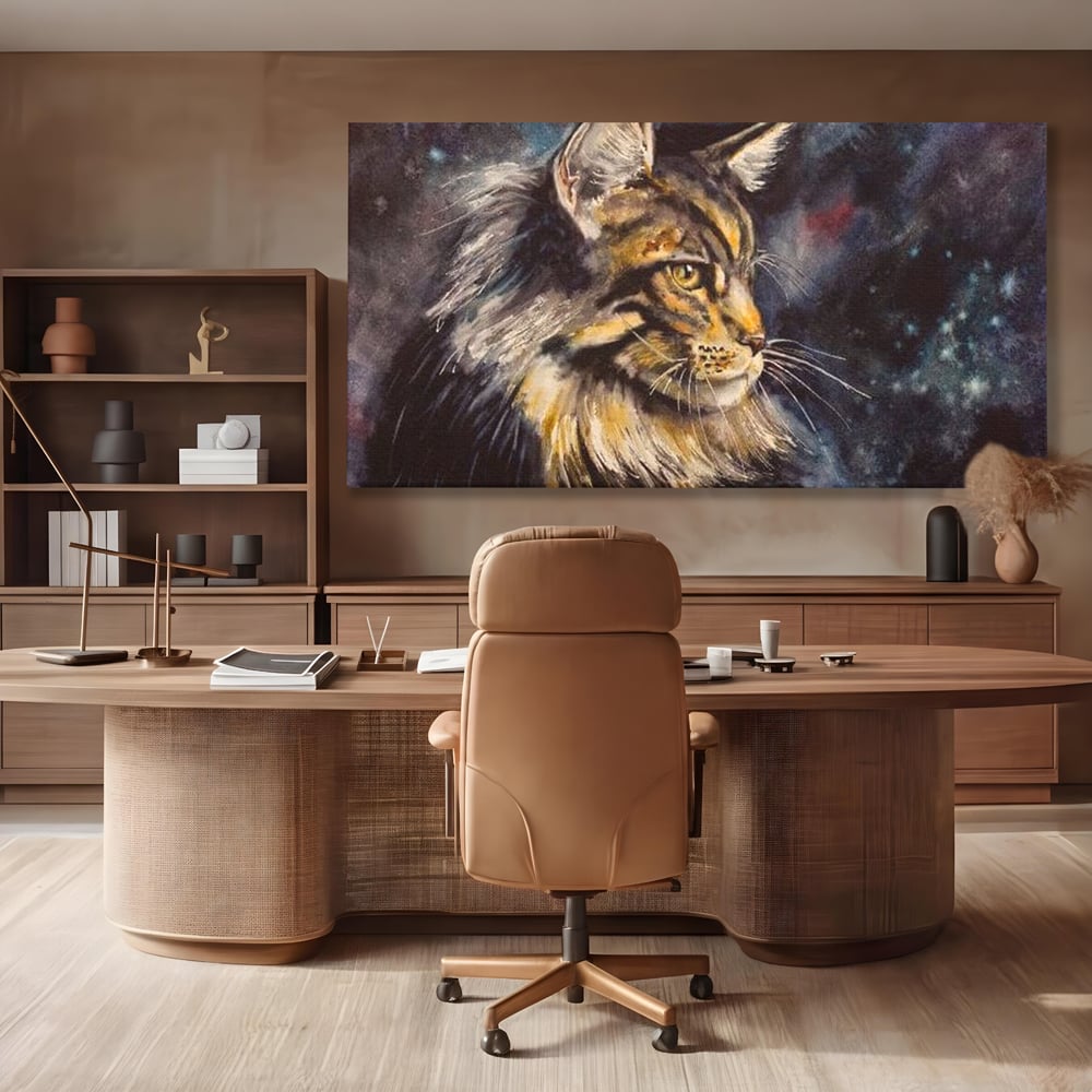 Tablou canvas cu tablou canvas cu pisica in galaxie, fara rama, pe sasiu de lemn, pe perete intr-un birou